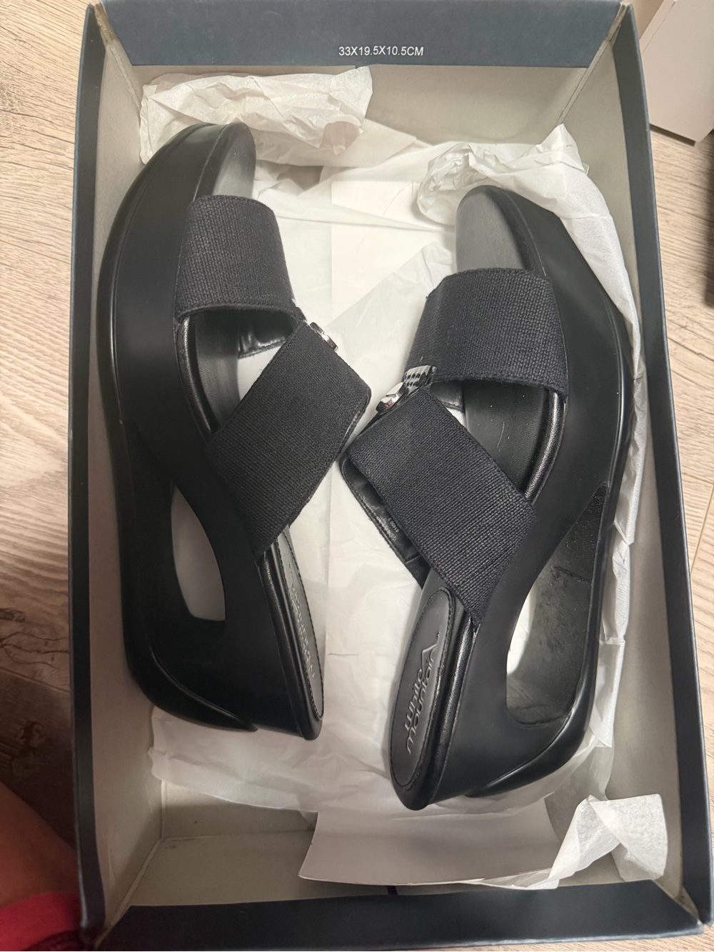 White Mountain Black Elastic-Strap Platform Wedges
